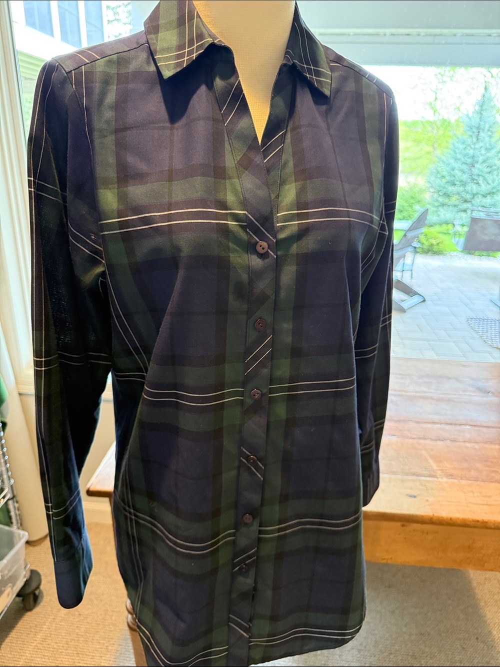Foxcroft Navy and Forest Green Plaid Button-Up Tunic